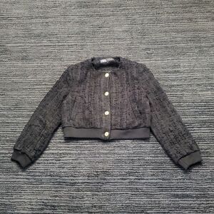 Zara Size L Black Tweed Crop Button Up Welt Pocket Bomber Jacket